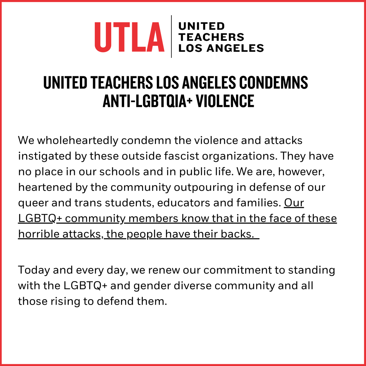 UTLAnow's tweet photo. Let's be crystal clear: white supremacist fascist groups are preying on existing fears and prejudices in our communities to attack LGBTQ+ people.

They're scared of the inclusive world we are building in our schools. We're going to be there to protect our LGBTQ+ siblings. https://t.co/hkIrd6yNej