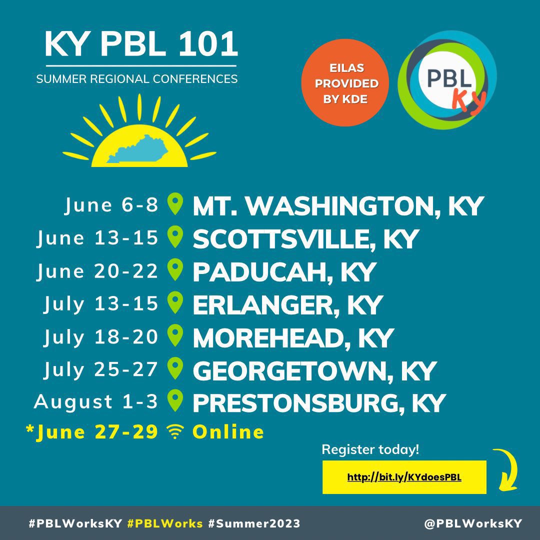 ☀️🏫With SEVEN KY host sites to choose from and an entirely ONLINE option, find our PBL 101 Summer Regional Conference closest to you and join us this summer! 

Register today: 
🔗bit.ly/KYdoesPBL

#PBLWorks #PBLWorksKY #KYdoesPBL #UnitedWeLearn #KYEd #KYEducators #KYDL