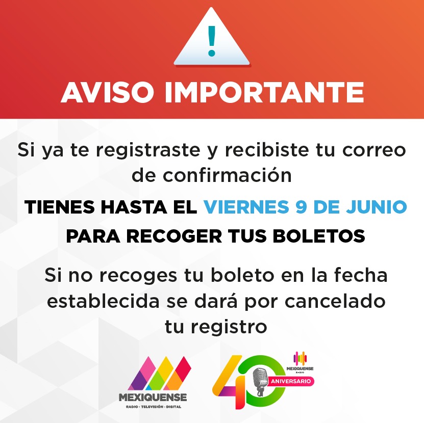 👁️ ¡Que no se te pase! Sólo tienes hasta el viernes 9 de junio para recoger tus boletos.🎟️

#40AñosAlAire 
#ConéctateConLaRadio📻