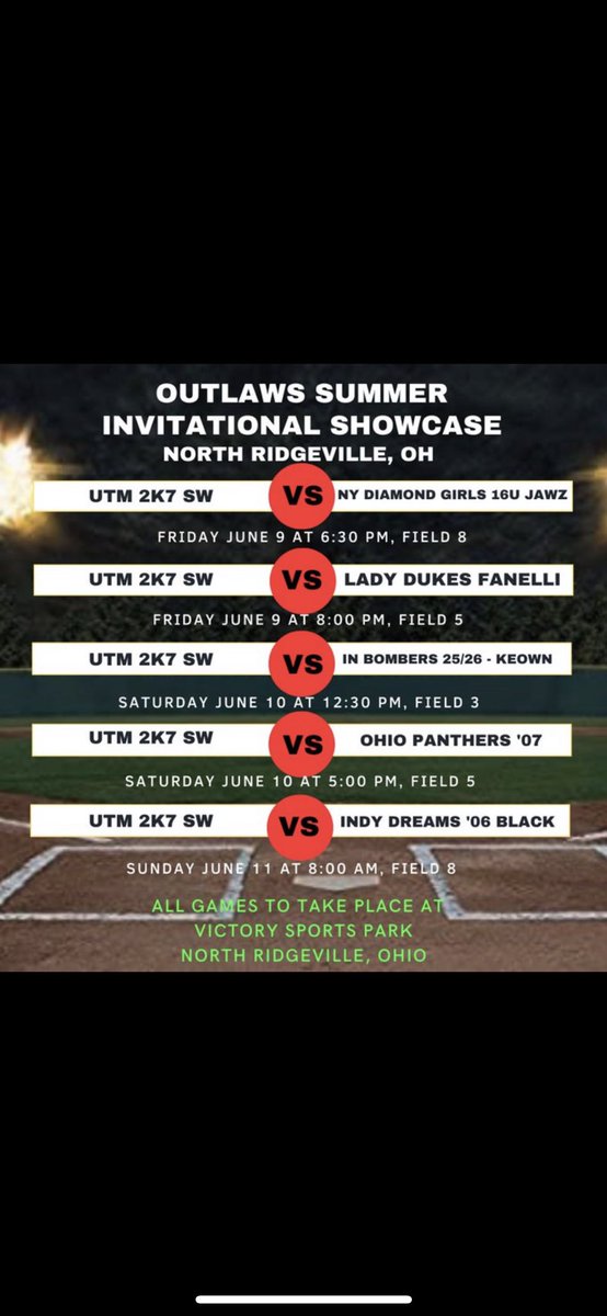 Our schedule for this weekend at the Outlaws Summer Invitational Showcase. Can’t wait! <a href="/CoastRecruits/">Coast 2 Coast Recruits</a> <a href="/SBRRetweets/">Softball Recruiting Reposts</a> <a href="/QrRecruiter/">QR RECRUITER</a> <a href="/IHartFastpitch/">I❤️Fastpitch</a> <a href="/ExtraInningSB/">EXTRA INNING SOFTBALL</a> <a href="/Coach_Stopp13/">Coach Stopp</a> <a href="/DarrickBrown23/">Darrick Brown MPM</a> <a href="/BradleySoftball/">Bradley Softball</a> <a href="/FordhamSoftball/">Fordham Softball</a> <a href="/OhioBobcatSB/">Ohio Softball</a> <a href="/OhioStateSB/">Ohio State Softball</a> <a href="/UTM2K7Southwest/">UTM Revolution 2K7 Southwest</a> <a href="/minchhp/">Herb Minch</a>