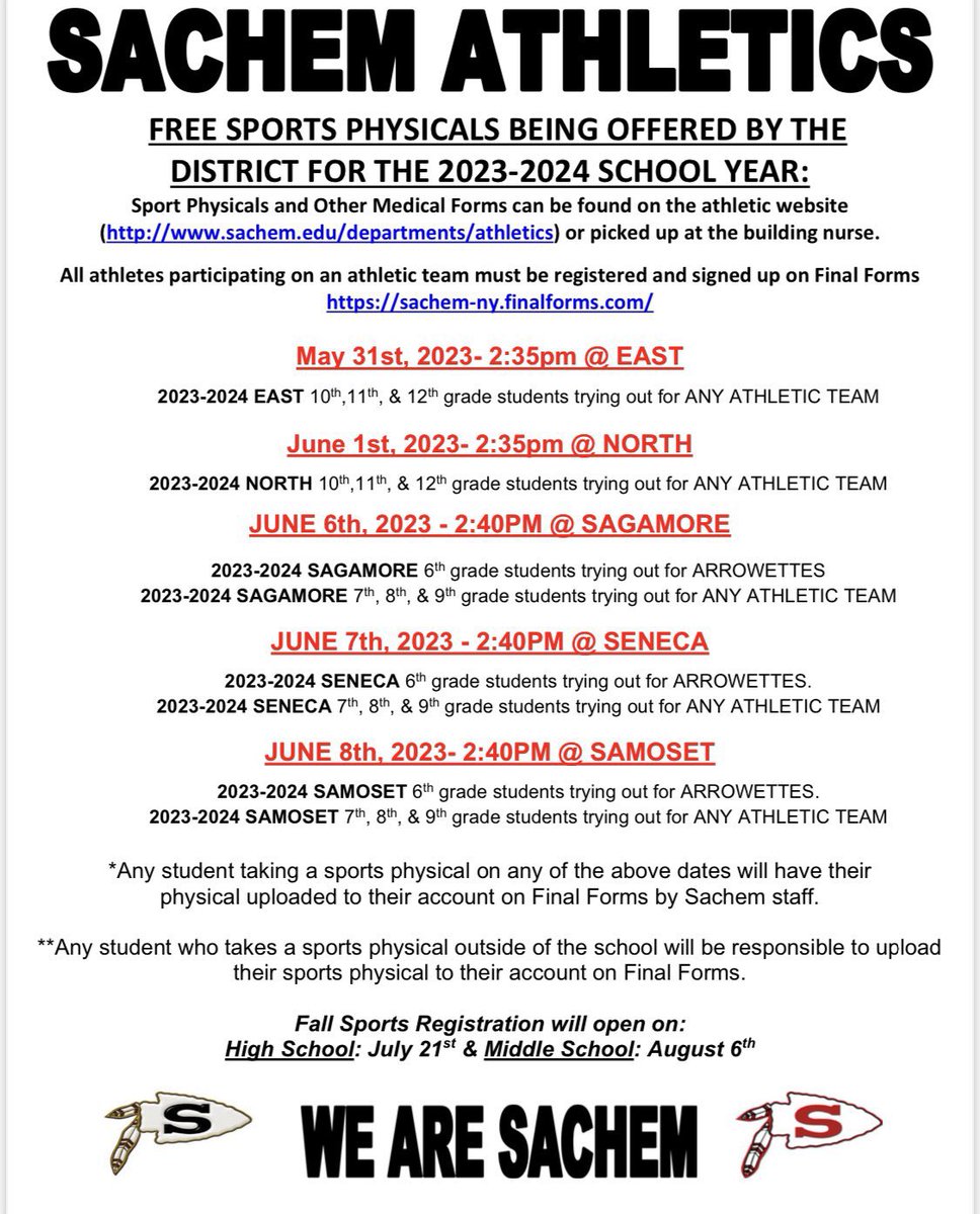 SachemNurse's tweet photo. Last date for sports physicals tomorrow @SamosetMiddle @SachemAD @SachemSchools if you missed the date at your building you may attend! https://t.co/0mODfMfYD4