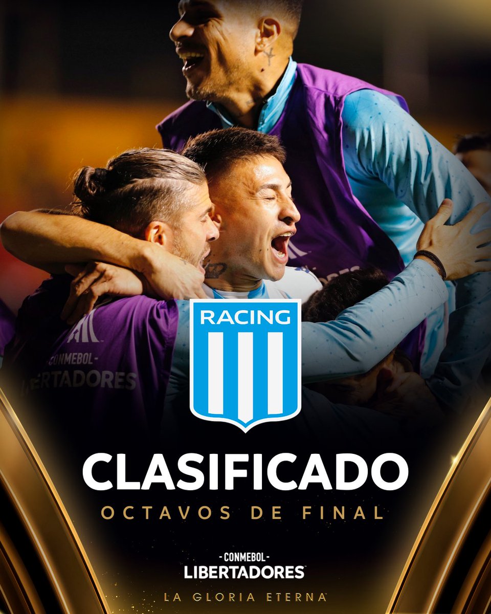 Libertadores's tweet photo. 🇦🇷🏆 ¡Un nuevo clasificado a los Octavos de Final: @RacingClub estará entre los mejores 16 de la CONMEBOL #Libertadores!

#GloriaEterna https://t.co/YUv7MNsk3I