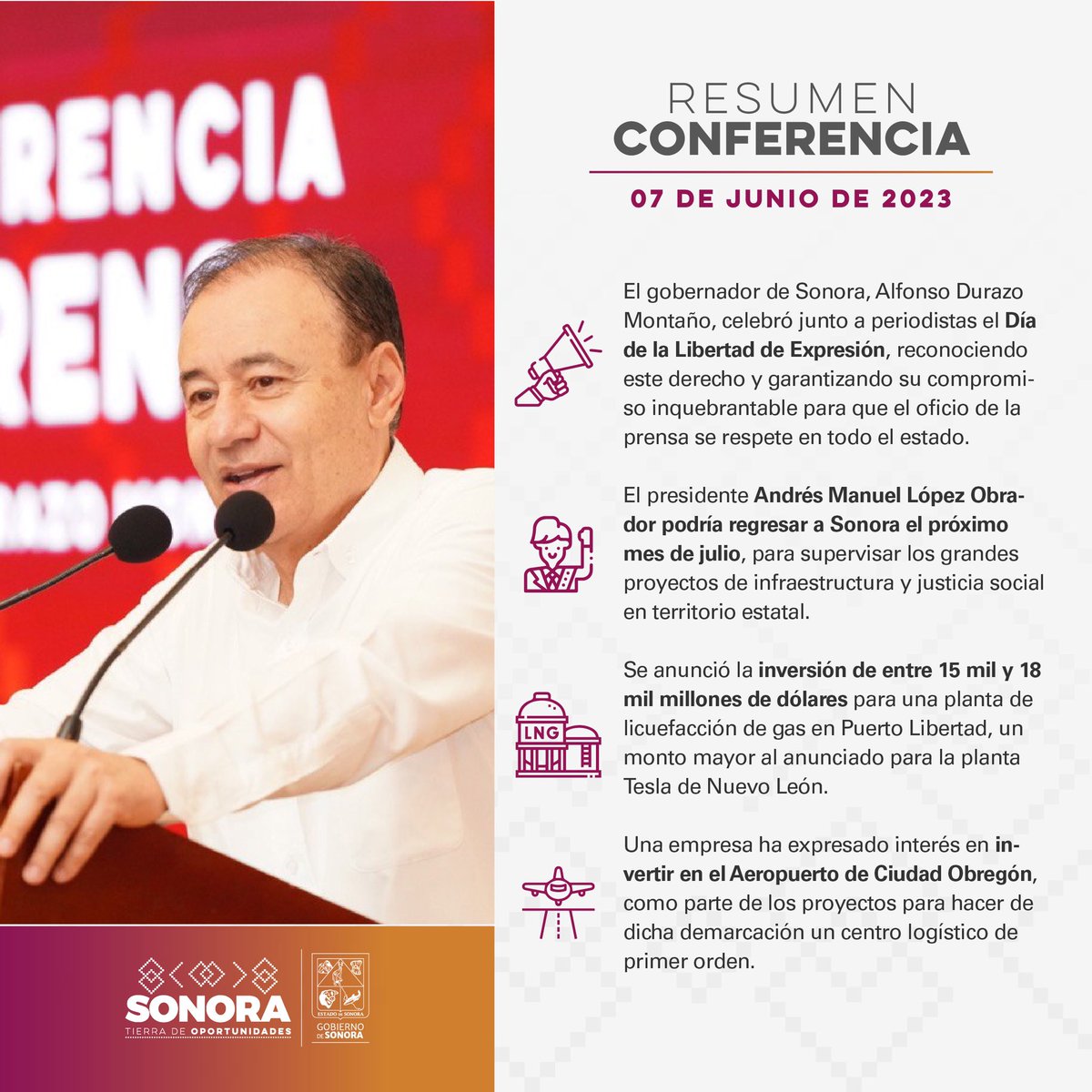 gobiernosonora's tweet photo. #LaConferencia | Compartimos el resumen de los principales puntos que se trataron en la conferencia de prensa que encabezó el gobernador @AlfonsoDurazo esta tarde.

#CompromisosFirmes #TierraDeOportunidades https://t.co/mFqwKdo4cf