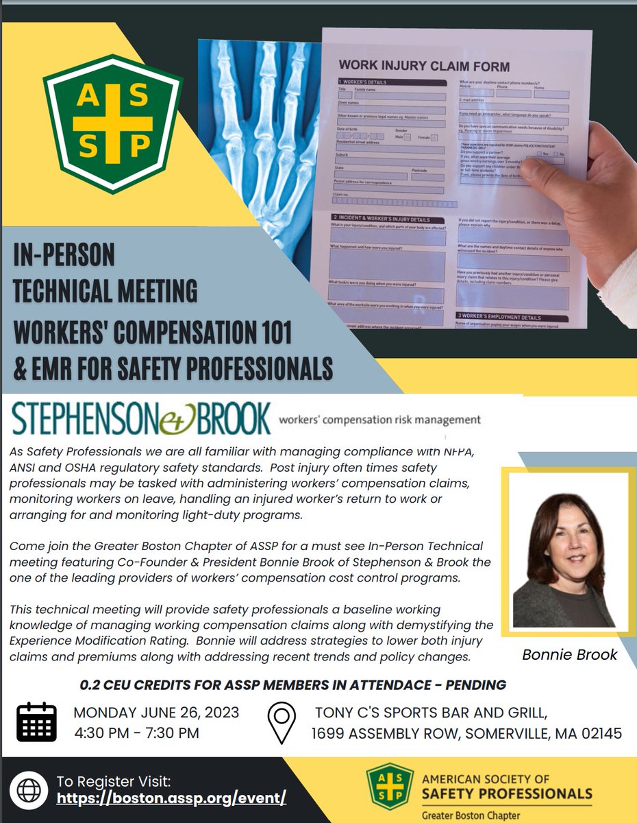 GBC_ASSP's tweet photo. Join the upcoming ASSP GBC in-person technical meeting about Workers' Compensation 101 &amp; EMR For Safety Professionals (Monday, June 26th, 4:30 pm - 7:30 pm)  at Tony C's in Somerville. Speaker: Bonnie Brook. Register here: https://t.co/XGnKpLcQgF? https://t.co/0MEiFa0Wxj