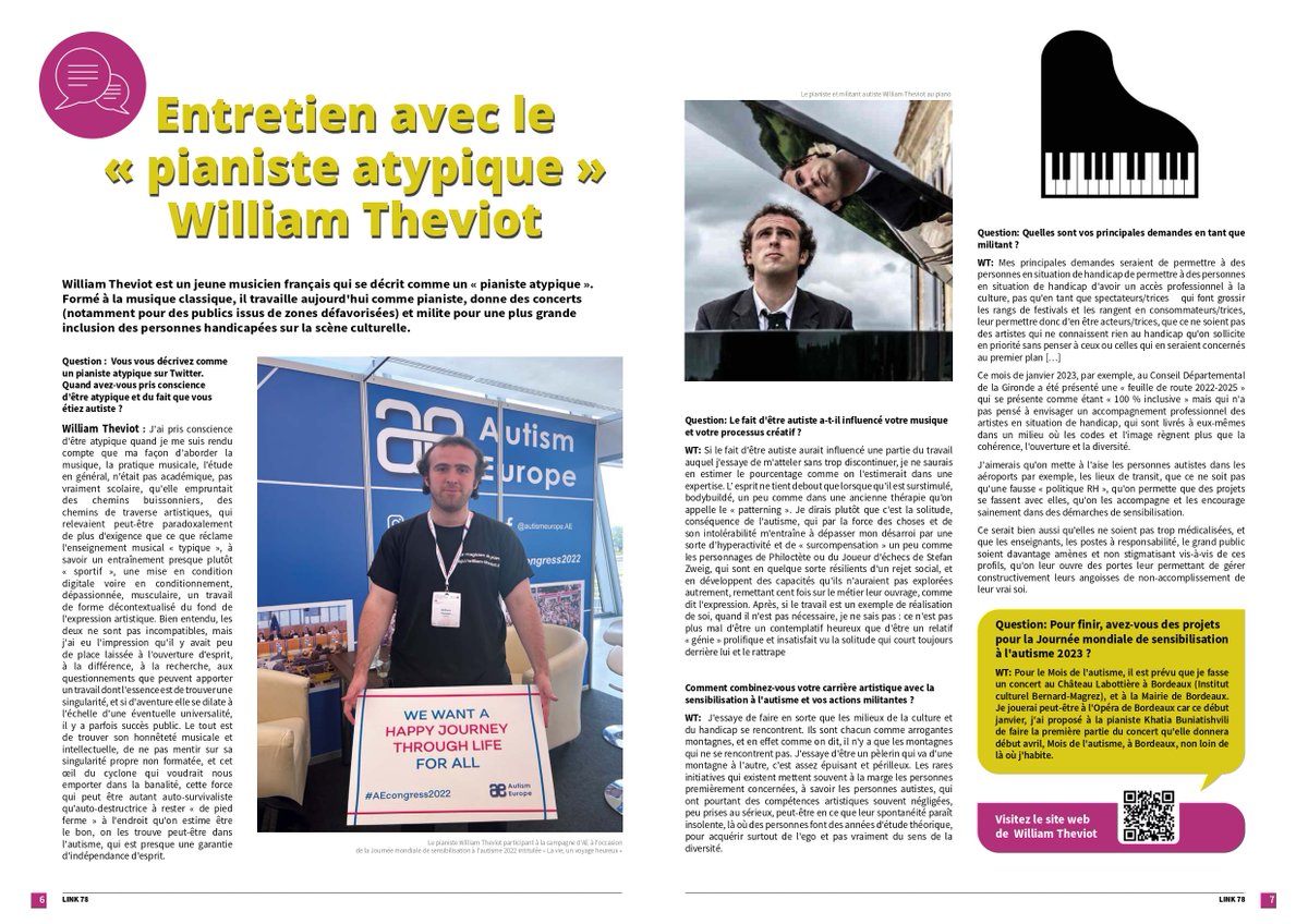 Ci-dessous, mon entretien avec Link-Magazine (magazine européen consacré à l'autisme) sur la prise de conscience de mon #autisme, l'aspect créatif de ce #handicap, ma double activité de #pianiste et de militant, mes projets pour une plus grande #inclusion...