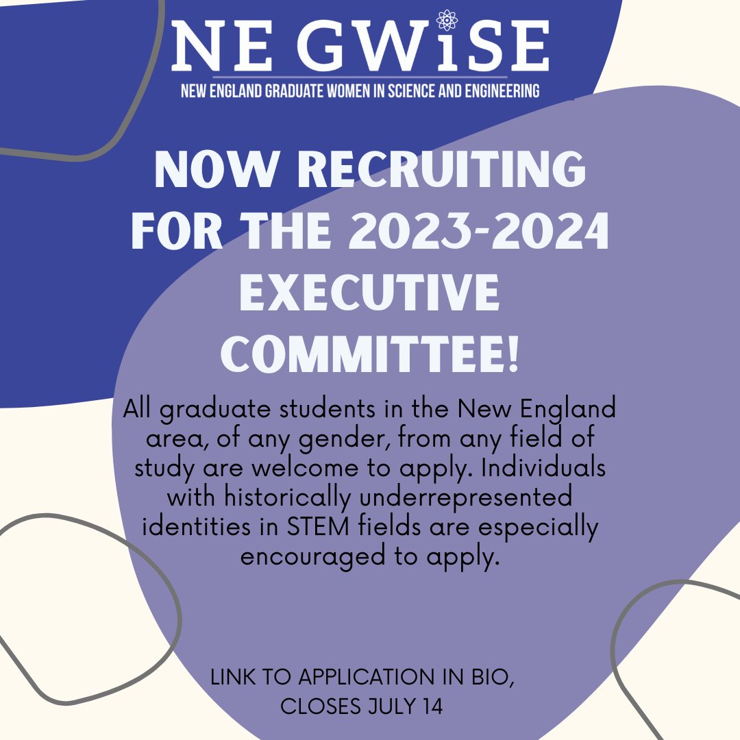 We are accepting applications for our 2023-2024 executive committee! Connect with graduate students across New England as we work to improve equity in #STEM at the graduate level and beyond. Have questions for us? Join us at our end of year celebration on June 24th!