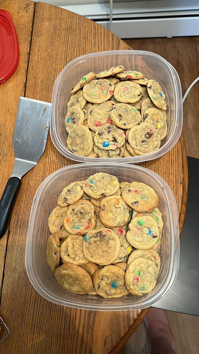 Made a double batch of M&M chocolate chip cookies in hopes that I can get the night shifters to like me before I start working with them in a few weeks.