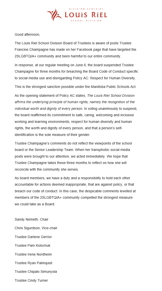 This message has been shared with the Louis Riel School Division Community regarding the suspension of Trustee Francine Champagne.