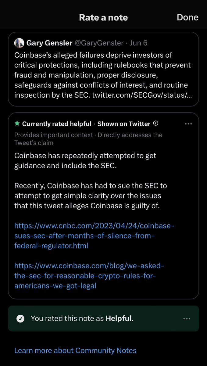 exlawyernft's tweet photo. LOL @GaryGensler’s tweet about the SEC’s lawsuit against Coinbase has had a community note added to it. Thank you @elonmusk, for allowing us to keep unelected bureaucrats honest. https://t.co/fzeGxq1uzf