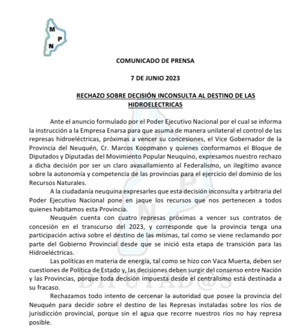 #COMUNICADODEPRENSA

RECHAZO SOBRE DECISIÓN INCONSULTA AL DESTINO DE LAS  HIDROELECTRICAS