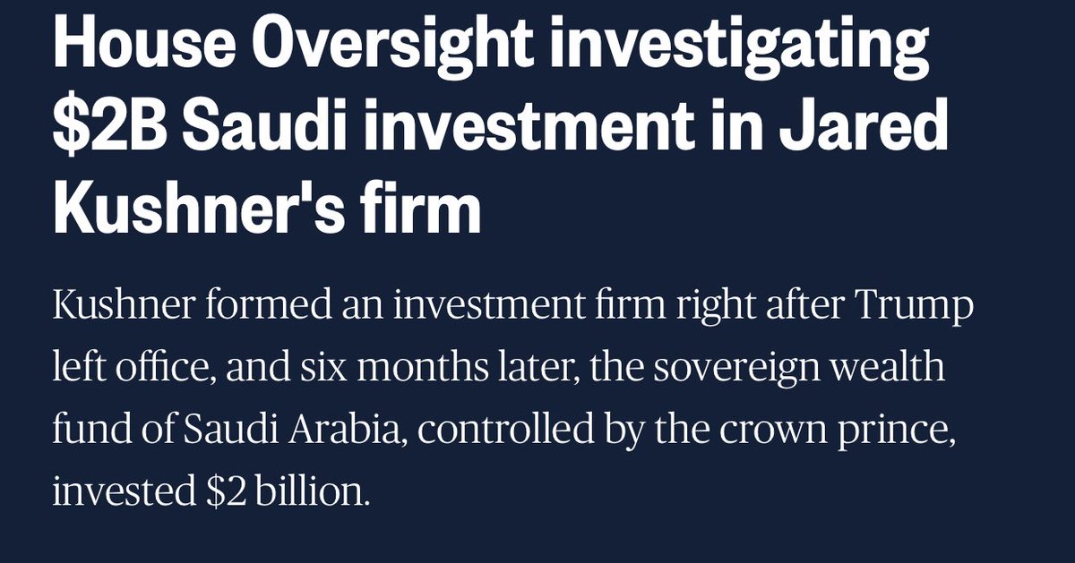 Related: Ivanka Trump’s husband Jared Kushner got $2 Billion from the Saudis months after Trump left office and @RepTimBurchett never said a word.🤔