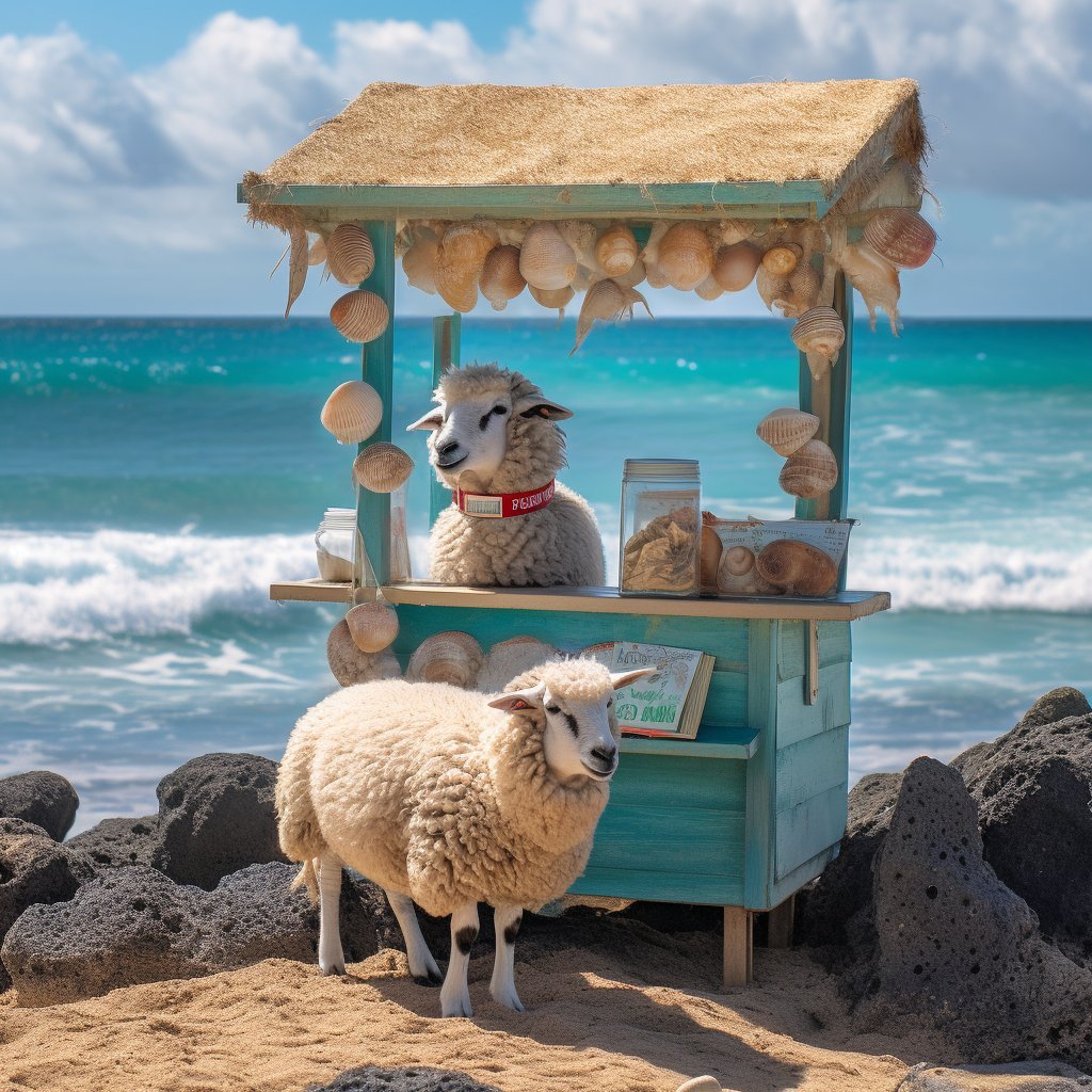 Sheep Sells Seashells by the Seashore - 

This is for the "Seashells" theme daily AI art challenge by @AI_ArtCommunity 
#ai #aiart #aiartist #aiartoftheday #aiartdailytheme #aidailychallenge #aiartcommunity #aijuneart  #midjourney
