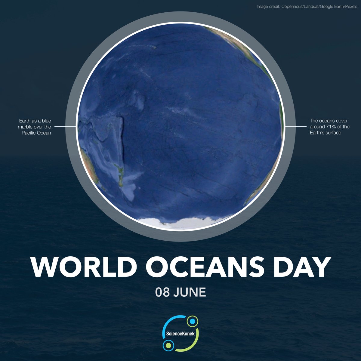 sciencekonek's tweet photo. HAPPY WORLD OCEANS DAY!🌊 

Here's a not-so-usual view of the Earth that is centered over the vast Pacific Ocean, covering almost all of the visible surface. The planet is indeed a blue marble! #Oceans2023 

Read more: https://t.co/IA9IE7yibz https://t.co/8OD1z7xJUA