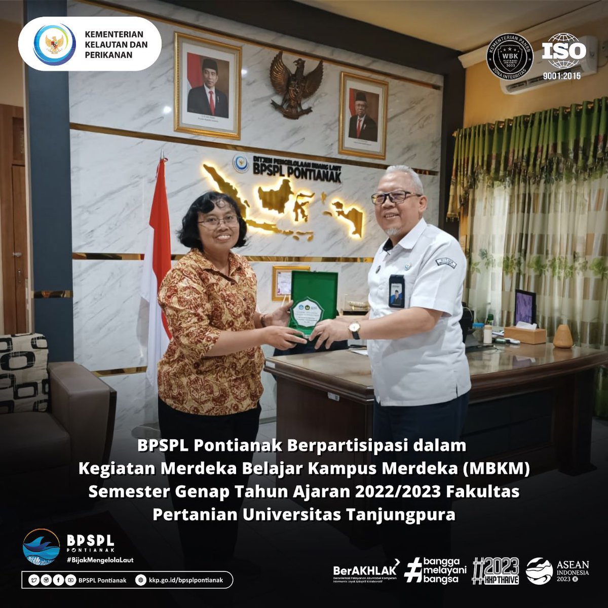 Hai #SahabatBahari !

Pada 7 Juni 2023 kemarin, Kaprodi Fakultas Pertanian Ibu Fadma secara resmi melakukan penarikan mahasiswa Kegiatan Merdeka Belajar Kampus Merdeka (MBKM) Fakultas Pertanian Universitas Tanjungpura dari BPSPL Pontianak yang dilakukan langsung oleh