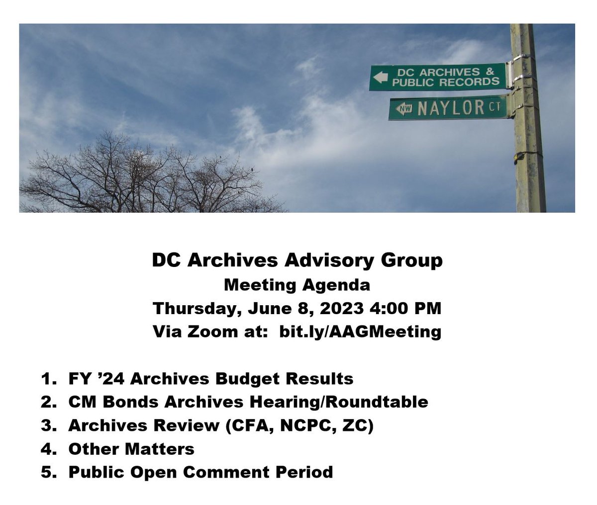 All are welcome to join us at Thursday's <a href="/DCArchivesGroup/">DC Archives Advisory Group</a> meeting!  More info &amp; meeting agenda here 🔽🔽🔽