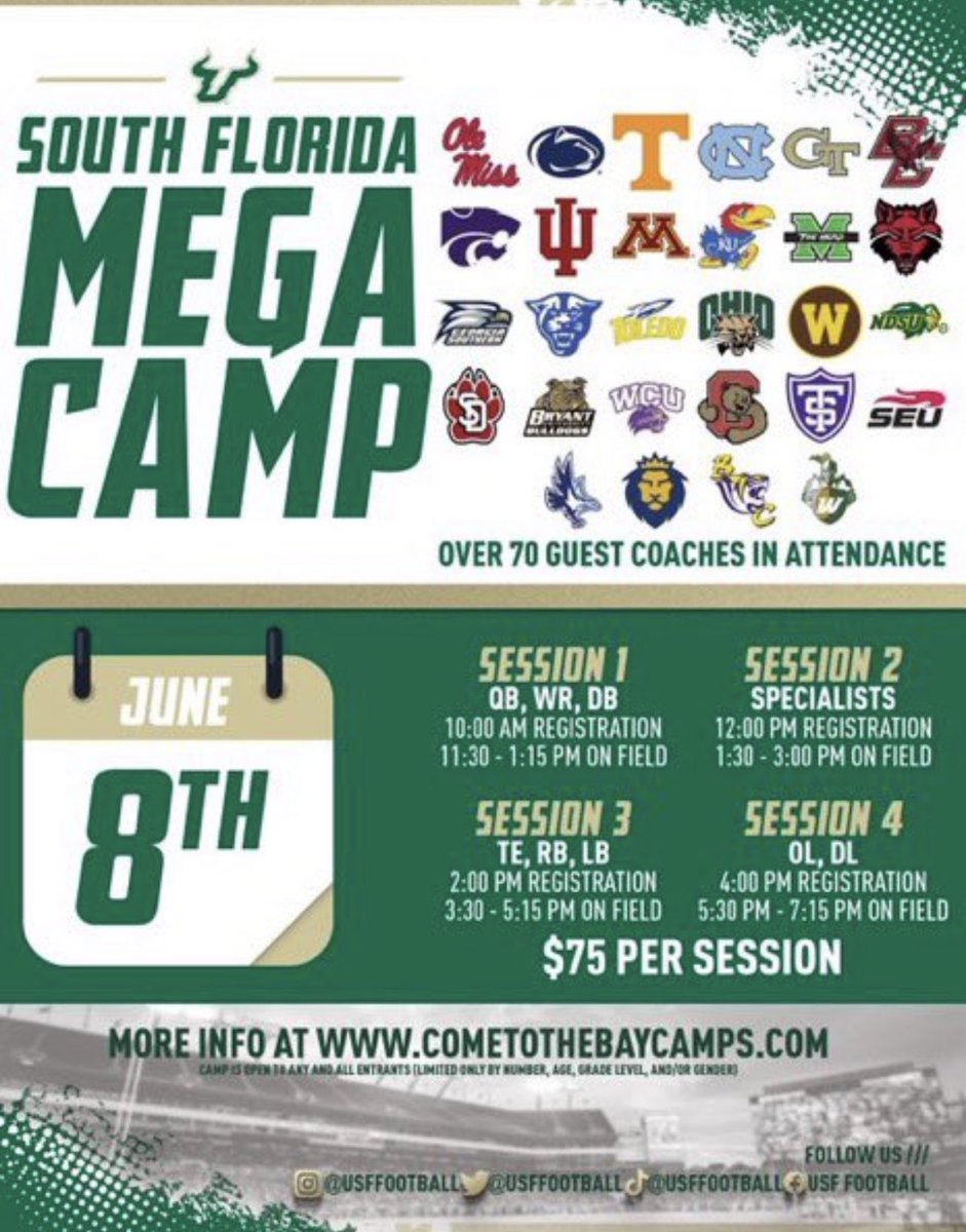 LestatSports's tweet photo. My College Camp tour continues tomorrow @USFFootball  session #3 @WGRanchFootball @hdcoach_mark @CoachGroneqb #runningbacklife https://t.co/Ouok9jMnYk
