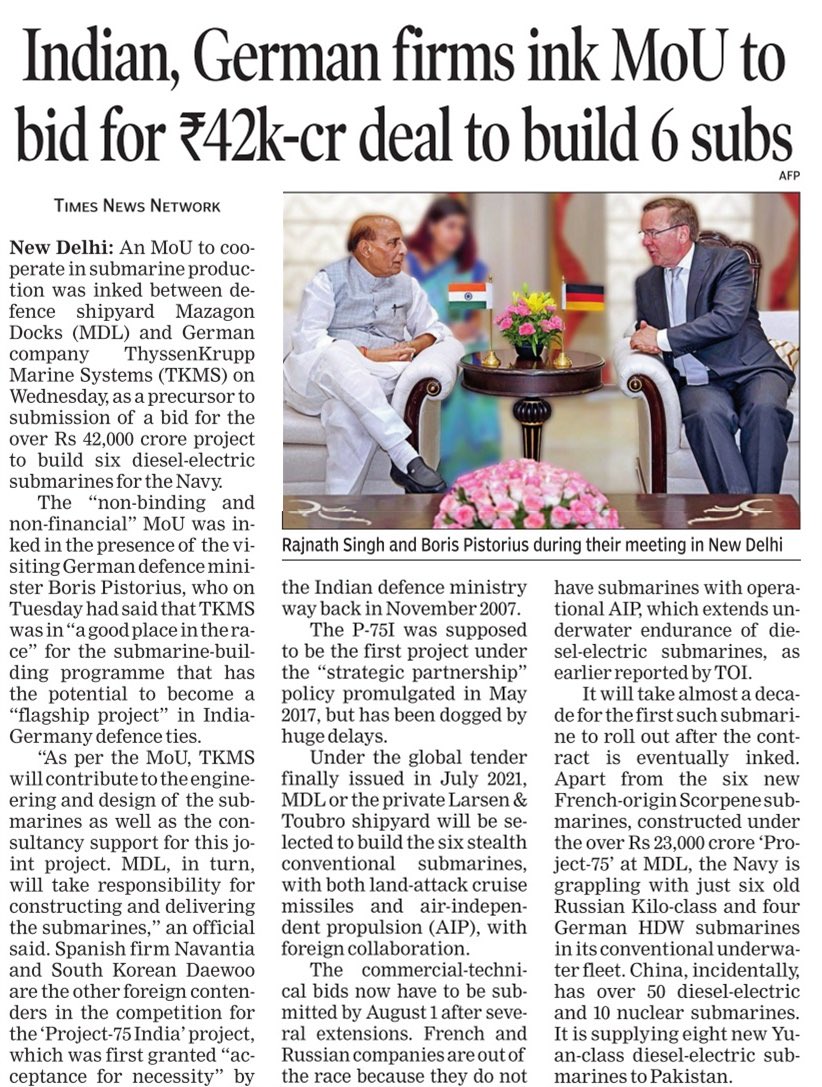 IamRajat_Pandit's tweet photo. As per the “non-binding & non-financial” MoU, #TKMS will contribute to engineering & design of submarines as well as provide consultancy support if the tie-up bags the project. #MDL, in turn, will take responsibility for constructing & delivering the submarines. #Project75India https://t.co/UG1tYTSj2S