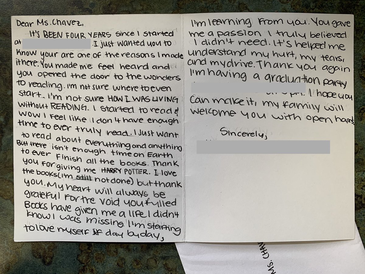 My former student who graduated with honors came by <a href="/RMMSbulls/">Rancho Minerva MS</a> (her middle school) to drop off this card. We do touch these students’ lives 🥲! #RMMSfam #READ #LibraryLife 📚📖