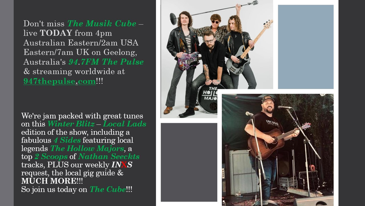 yarn22's tweet photo. #TheMusikCube LIVE from 4pm Australian Eastern/2am USA Eastern/7am UK on @947ThePulse, https://t.co/WSoGPtr5WK & via #CommunityRadioPlus &
@TuneIn apps!
#WinterBlitz - #LocalLads edition.
#4Sides - @TheHollowMajors
#2Scoops - @NathanSeeckts
Weekly @INXS request. (03) 5222 5947. https://t.co/OZnpy9rgKm