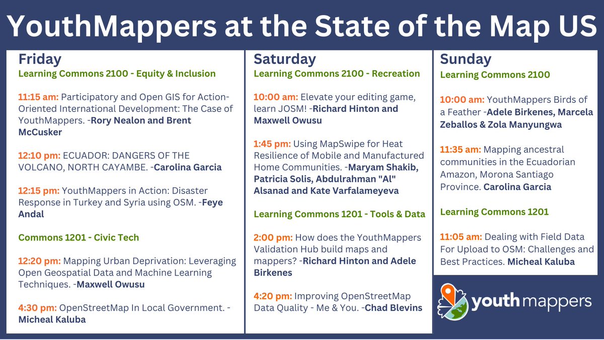 Are you attending the State of the Map US conference in Richmond, Virginia? We invite you to join us for our mind-blowing sessions!! We look forward to seeing you there!! #YouthMappers #YMSOTMUS23 #SOTMUS23 #SOTMUS