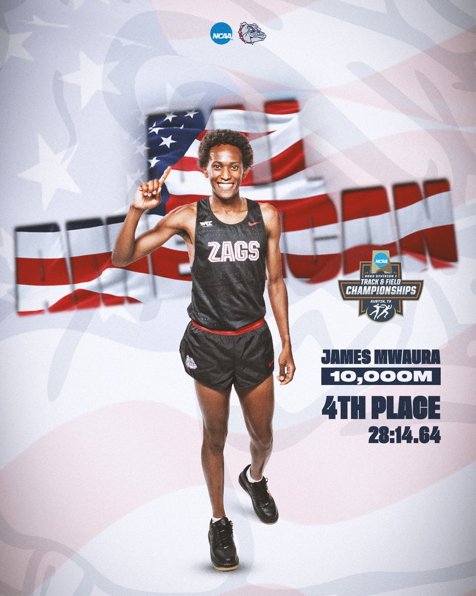 ZagRunning's tweet image. JAMES DOES IT AGAIN! 

Mwaura finishes fourth in the 10K Final for the best-ever individual finish by a GU athlete at @NCAATrackField Championships and First Team All-America honors -- his third straight season as a 10K All-American!

#GoZags