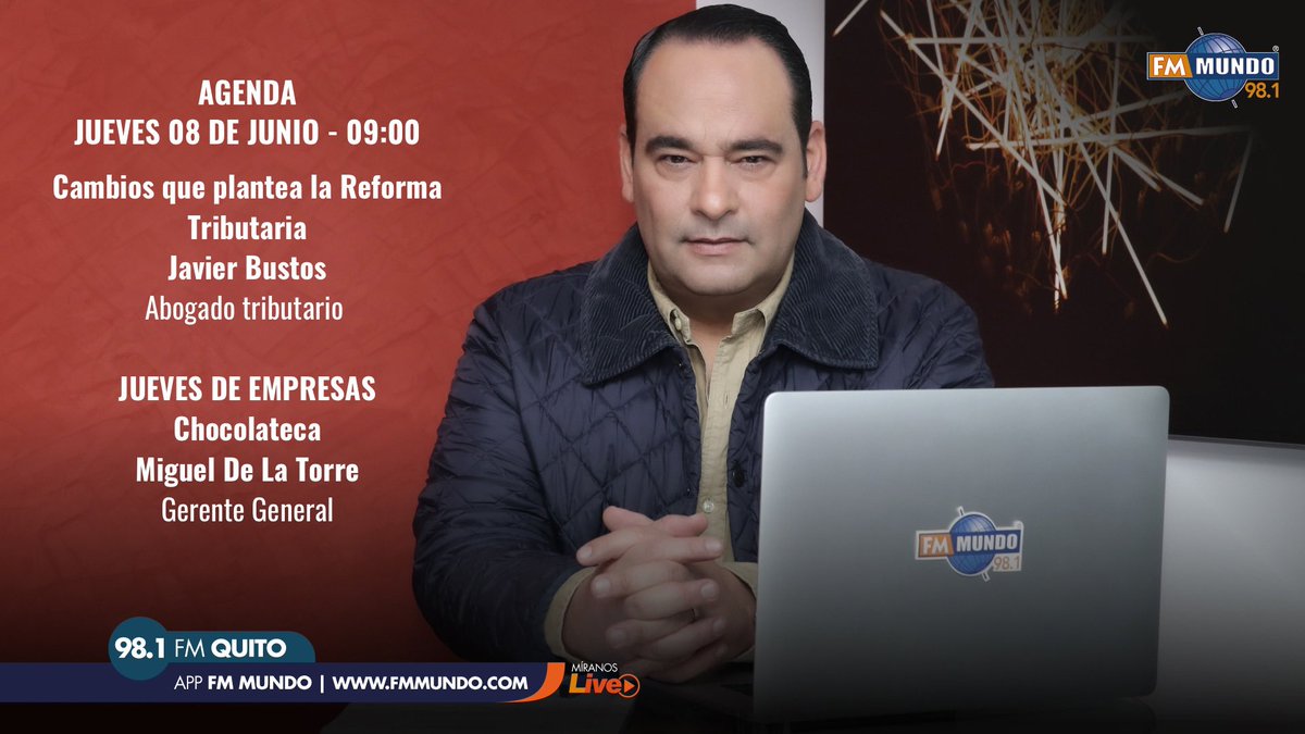 fmmundo's tweet photo. Mañana en #ElGranMusical, con @cdaponce.
▶️ Cambios que plantea la #ReformaTributaria
Javier Bustos
Abogado tributario
▶️ JUEVES DE EMPRESAS
#Chocolateca
Miguel De La Torre
Gerente General
98.1 FM o https://t.co/hjiVoo4go6 https://t.co/qvdMcvU6Ty