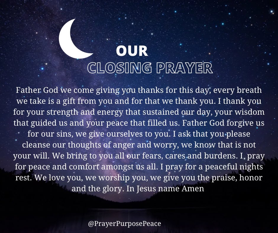 Good Night Everyone 🌙 We hope you all have a peaceful nights rest! 

#God #Jesus #HolySpirit #Prayer #DailyPrayer #Wednesday #WednesdayNight #GoodNight #ThankYouGod #Breath #Filled #Please #Rest #Worship #Care #Forgive #Energy #Sustain #Wisdom #Amen