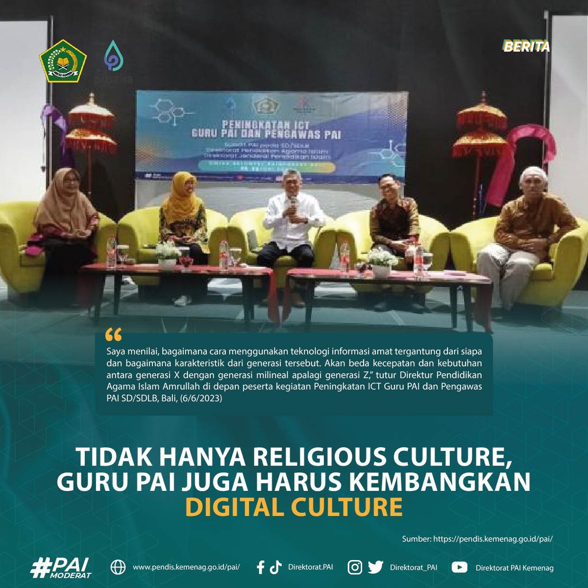 direktorat_pai's tweet photo. Tidak Hanya Religious Culture, Guru PAI Juga Harus Kembangkan Digital Culture https://t.co/j8BlmLE3c6
#kerukunanumatuntukindonesiahebat #paimoderat #moderasiberagama https://t.co/mPCVnNGUOW