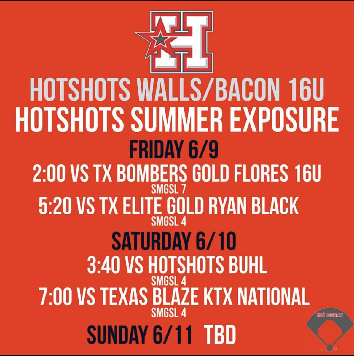 Schedule for this weekend!! Come out and watch me and my teammates play this weekend! 
@16uHotshots <a href="/BaylorSoftball/">Baylor Softball</a> <a href="/TexasSoftball/">Texas Softball</a> <a href="/SEUSoftball/">St. Edward's Softball</a> <a href="/TexasTechSB/">Texas Tech Softball</a> <a href="/ASUSoftball/">Sun Devil Softball</a>