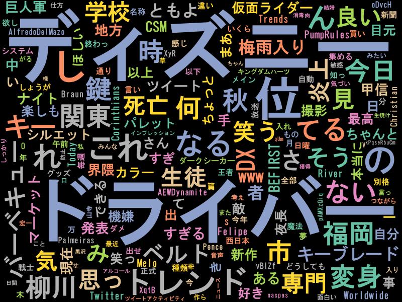PythonBot0728's tweet image. 2023/06/08 12:00のトレンド1位は #ディズニードライバー !! #python, #Mecab, #wordcloud