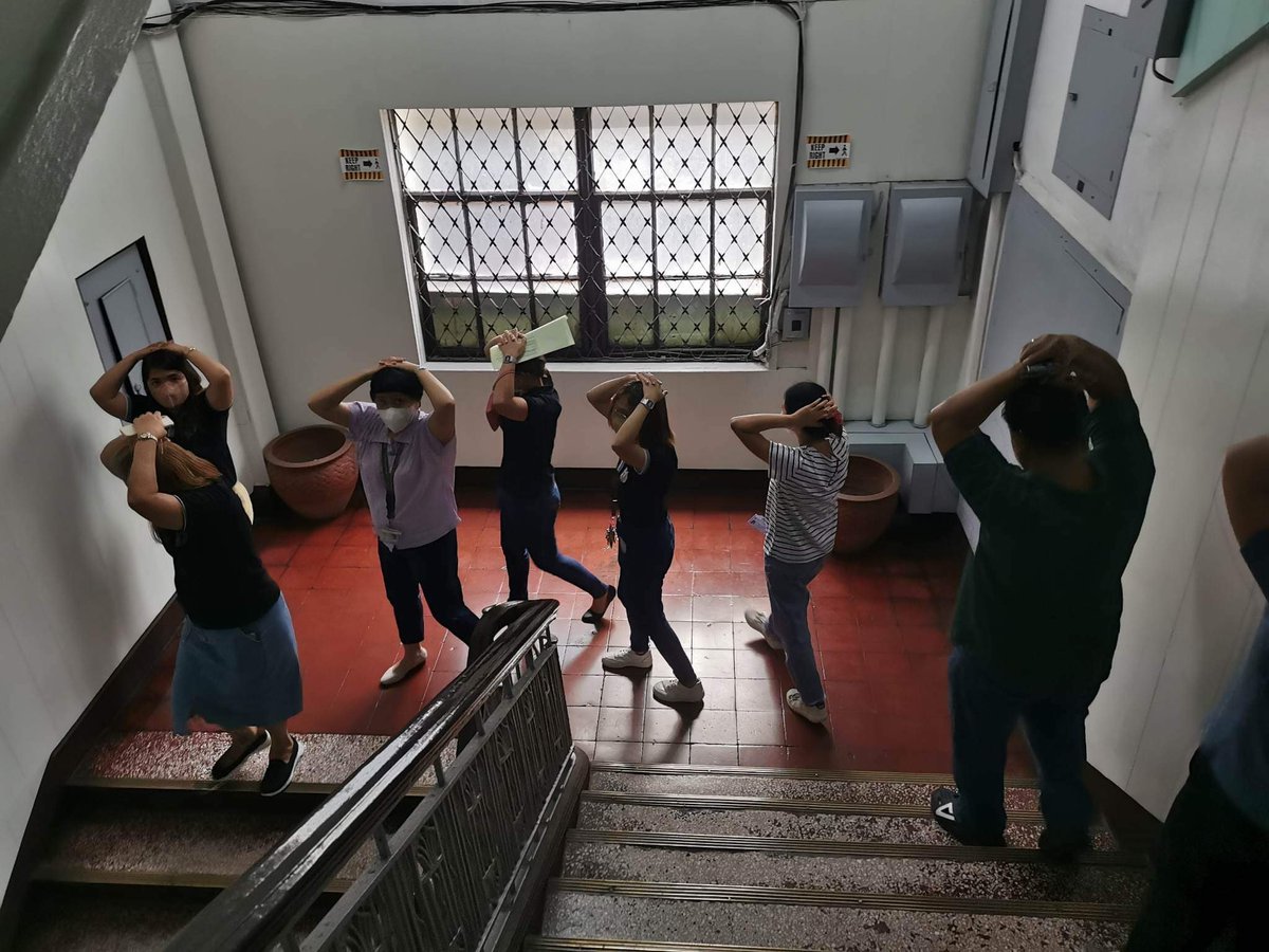 UPCPH's tweet image. IN PHOTOS: Employees at College of Public Health participate in the conduct of the Quarterly National Simultaneous Earthquake Drill (NSED) today, 08 June 2023.
