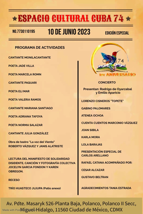JesusGMoran's tweet photo. Un privilegio el participar en las actividades de aniversario de #Cuba74, un querido espacio que generoso se ha abierto a las actuales y variopintas manifestaciones literarias y artísticas.Ahí nos vemos para unirnos al jolgorio de la luz,el color,la palabra y la música memorables https://t.co/xITYWruIlg