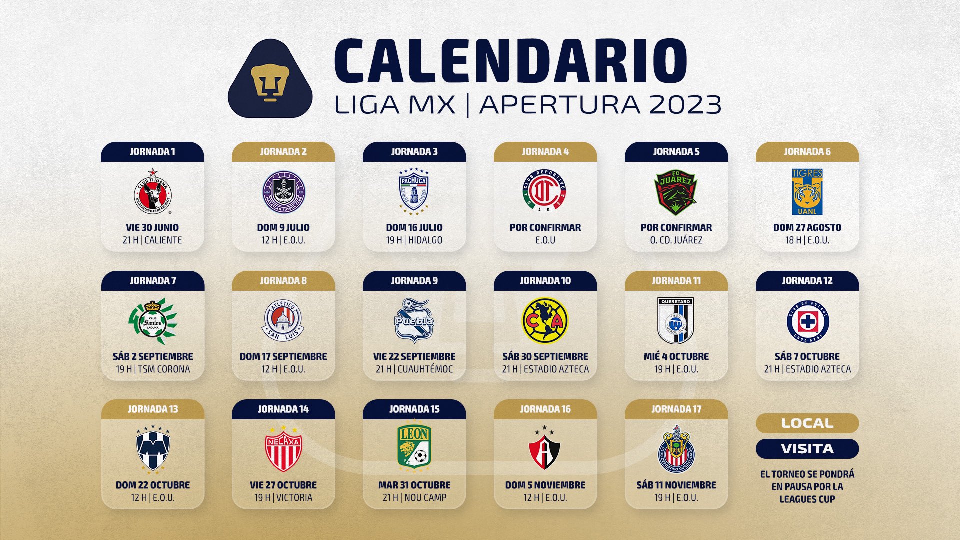 PUMAS on Twitter: "Anoten las fechas, auriazules. Este el calendario del torneo A23 de la @LigaBBVAMX. 🗓️ Se hará una pausa para disputar la @LeaguesCup. ⚽️ https://t.co/LO3c7LNXOI" / Twitter