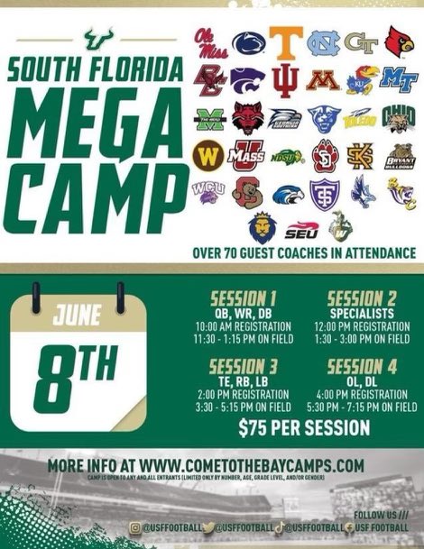 I will be attending  <a href="/USFFootball/">USF Football</a> Mega camp session 3 tomorrow <a href="/DOORANTFOOTBALL/">Durant Football</a> <a href="/ClayboCoach/">Claybo Varnum</a> <a href="/larryblustein/">Blustein Recruiting</a> <a href="/CoachThurm87/">Coach Jarae Thurmond</a> <a href="/Coach_BBailey/">Brandon Bailey</a> <a href="/CoachWimmer/">Rick Wimmer</a>