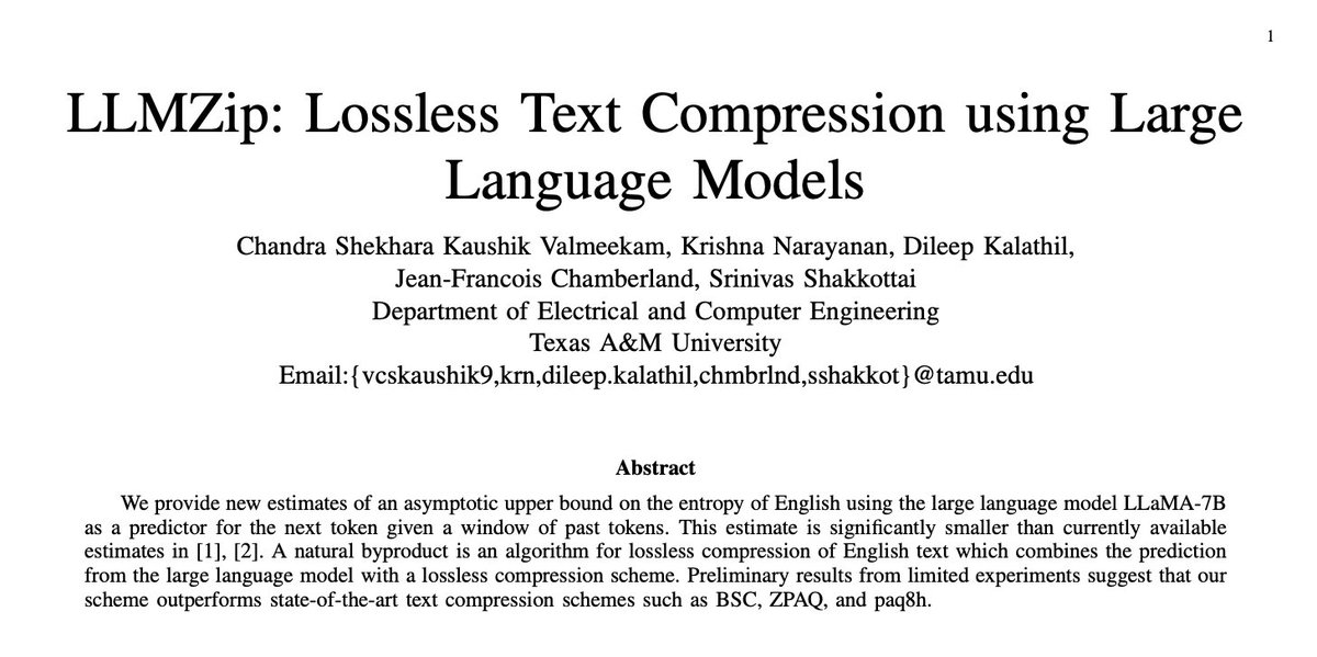 _akhaliq's tweet image. LLMZip: Lossless Text Compression using Large Language Models
paper page: huggingface.co/papers/2306.04…
provide new estimates of an asymptotic upper bound on the entropy of English using the large language model LLaMA-7B as a predictor for the next token given a window of past…
