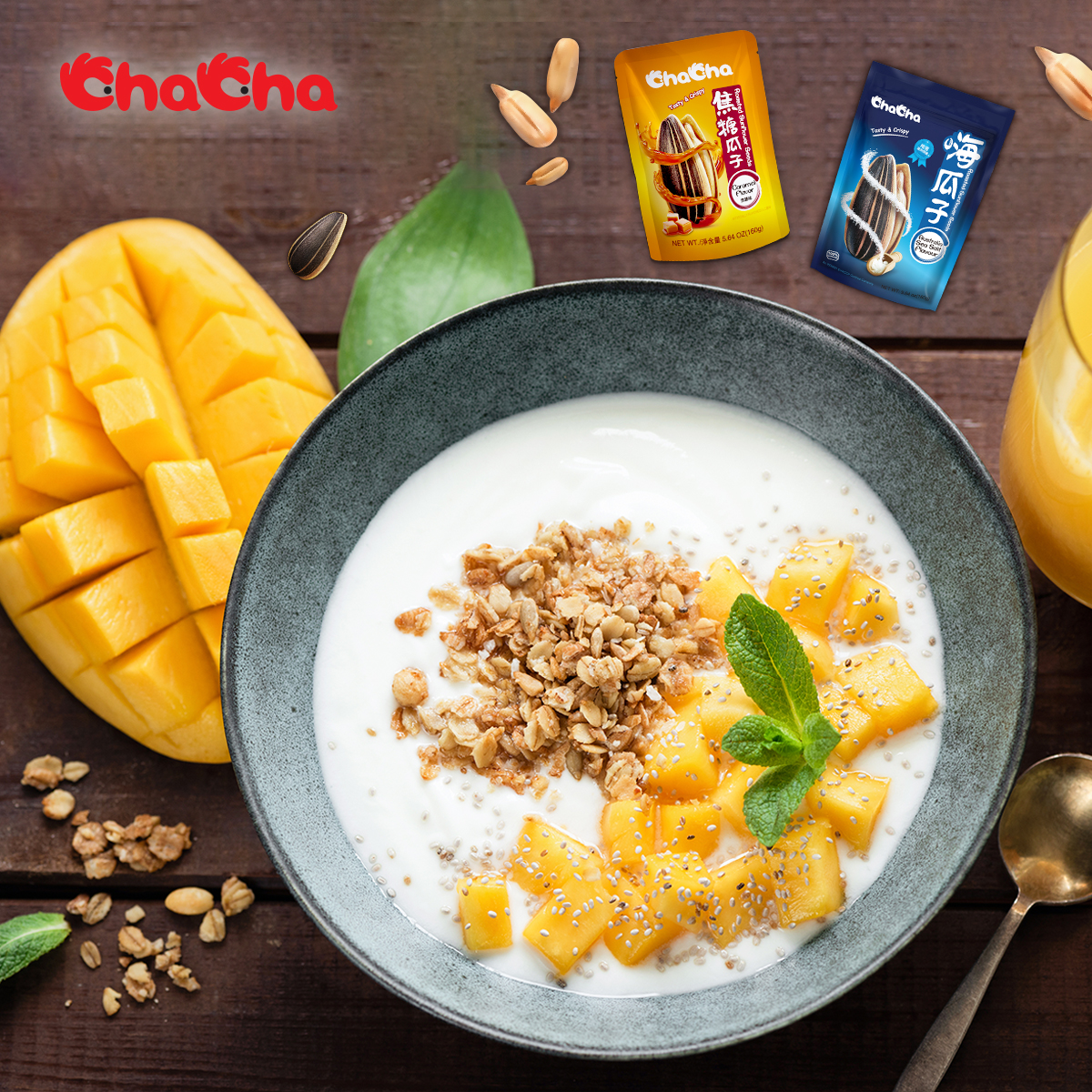 #WithChaCha 🥭Summer dessert recipe: Yogurt, mango, and sunflower seeds make a yummy summer dessert. Try it NOW👍#ChaChaMoment