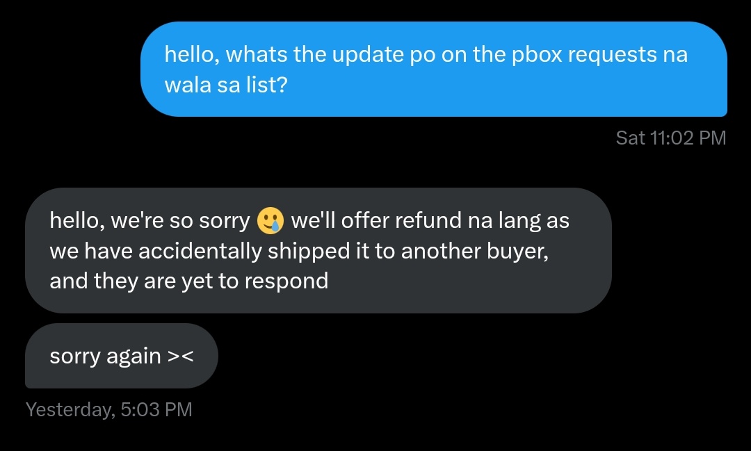 souwakou's tweet photo. call out thread for @molamolashop

after a long wait of super delayed shipments they are telling me that they have shipped my items to another buyer so they will refund me instead and now ignoring me this is honestly the most hassle transaction i’ve ever had on anibns. https://t.co/iVMIuvBA9R