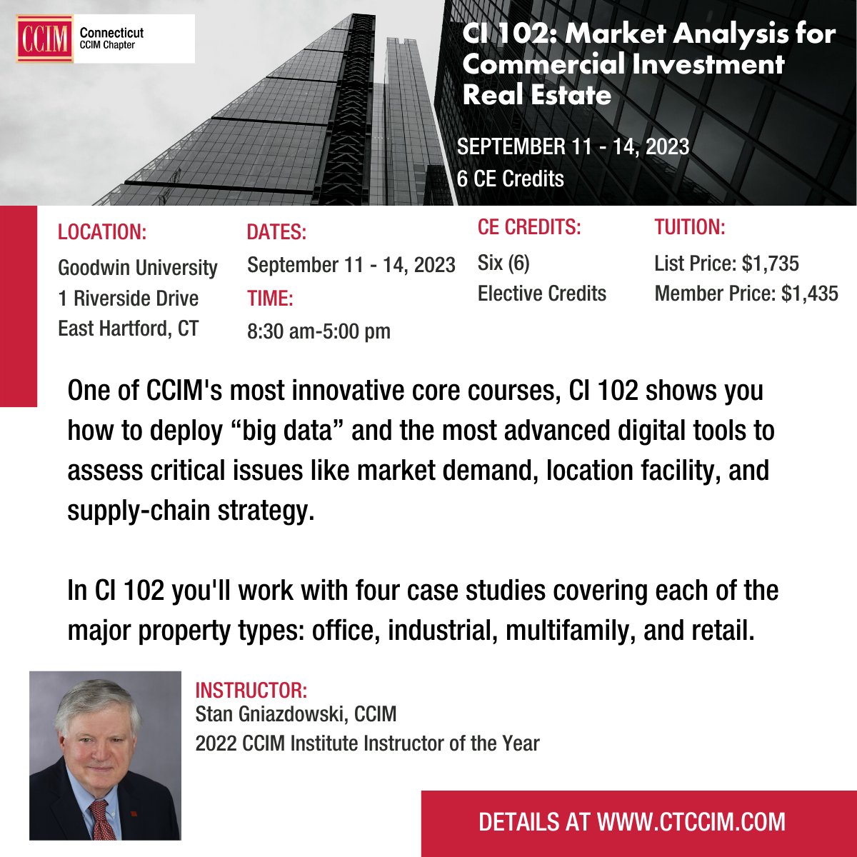 CT_CCIM's tweet photo. A CCIM Core designation course, CI 102 teaches you how to deploy “big data” and the most advanced digital tools to assess critical issues like market demand, location facility, and supply-chain strategy. Details and registration at https://t.co/8IdDAq8L5m https://t.co/oxfookrvoW