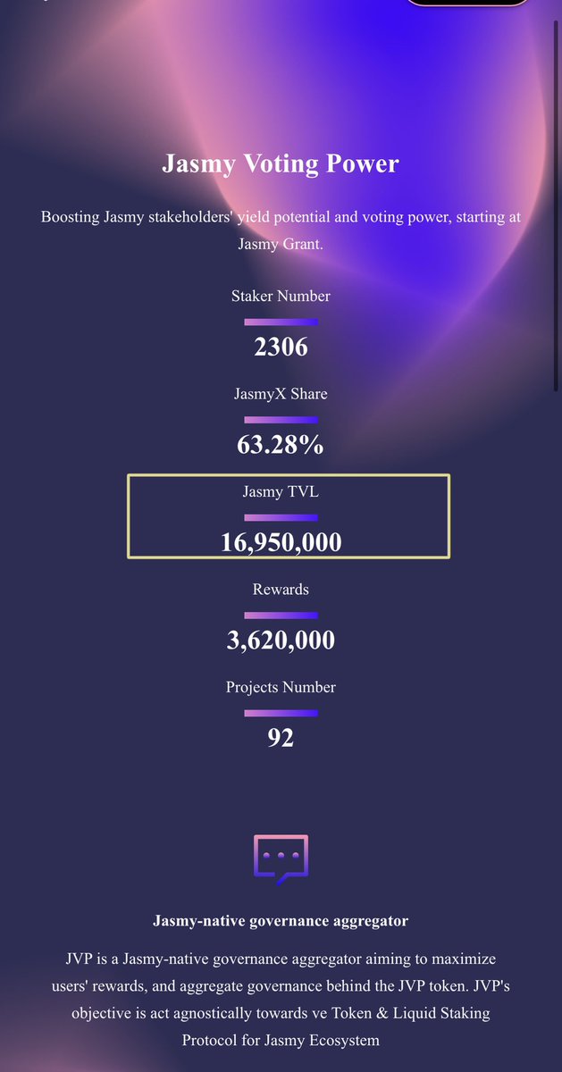#jasmy $jasmy friends 

I found this on the <a href="/Jasmy_JVP/">Jasmy Voting Power (JVP）</a> website. 

TVL = total value locked 

Maybe the token economy <a href="/HARA_JasmyCFO/">HARA</a> promised us in the last discord ama has begun…

Let’s hope that 16.9M number gets into the billions soon!