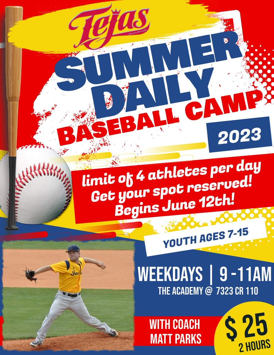 tejas_baseball's tweet photo. Summer Day camps ARE HERE! $25 for 2 hour sessions. They start next week!!! Coach Alex and Matt are ready to challenge your athletes and keep them active this summer! #tejasnation #tejassummer #selectbaseball 
Click this link and sign up now! 👇
https://t.co/szHespfPNK https://t.co/24E3oG8kVG