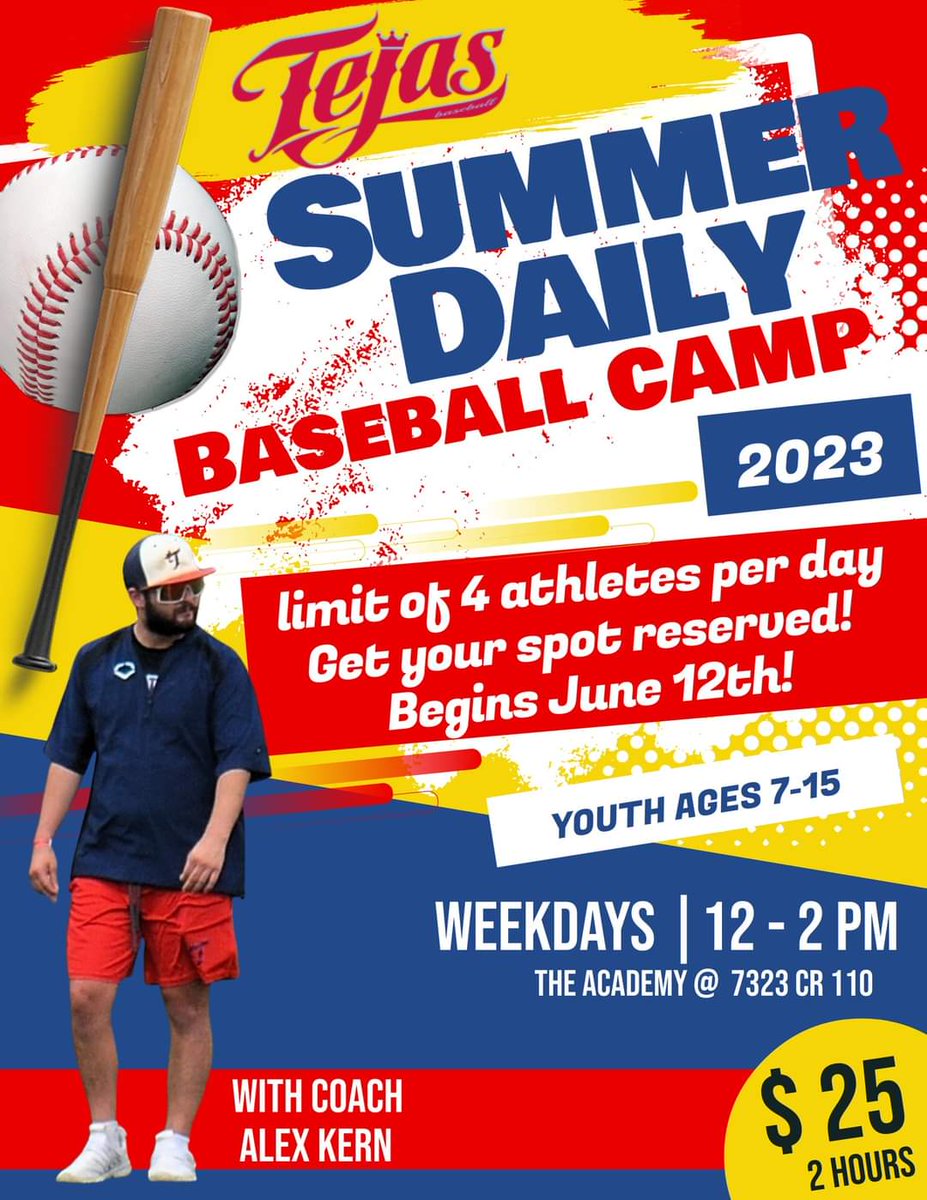 tejas_baseball's tweet photo. Summer Day camps ARE HERE! $25 for 2 hour sessions. They start next week!!! Coach Alex and Matt are ready to challenge your athletes and keep them active this summer! #tejasnation #tejassummer #selectbaseball 
Click this link and sign up now! 👇
https://t.co/szHespfPNK https://t.co/24E3oG8kVG