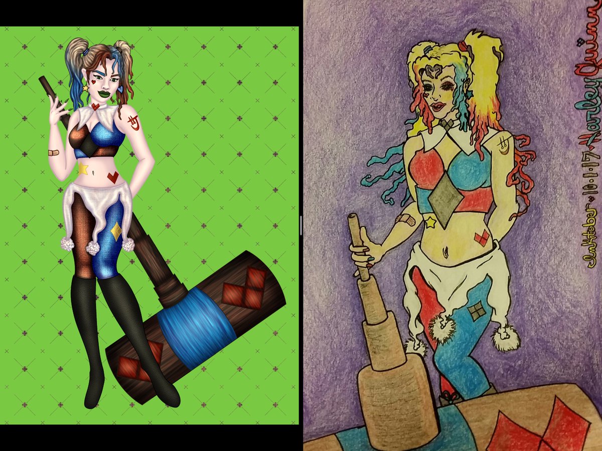 The left is a recent digital redraw of old art. The right is colored pencil from 2017. If I remember correctly the costume was a combo of several of her looks over the years. 

#practicemakesprogress #harleyquinnart