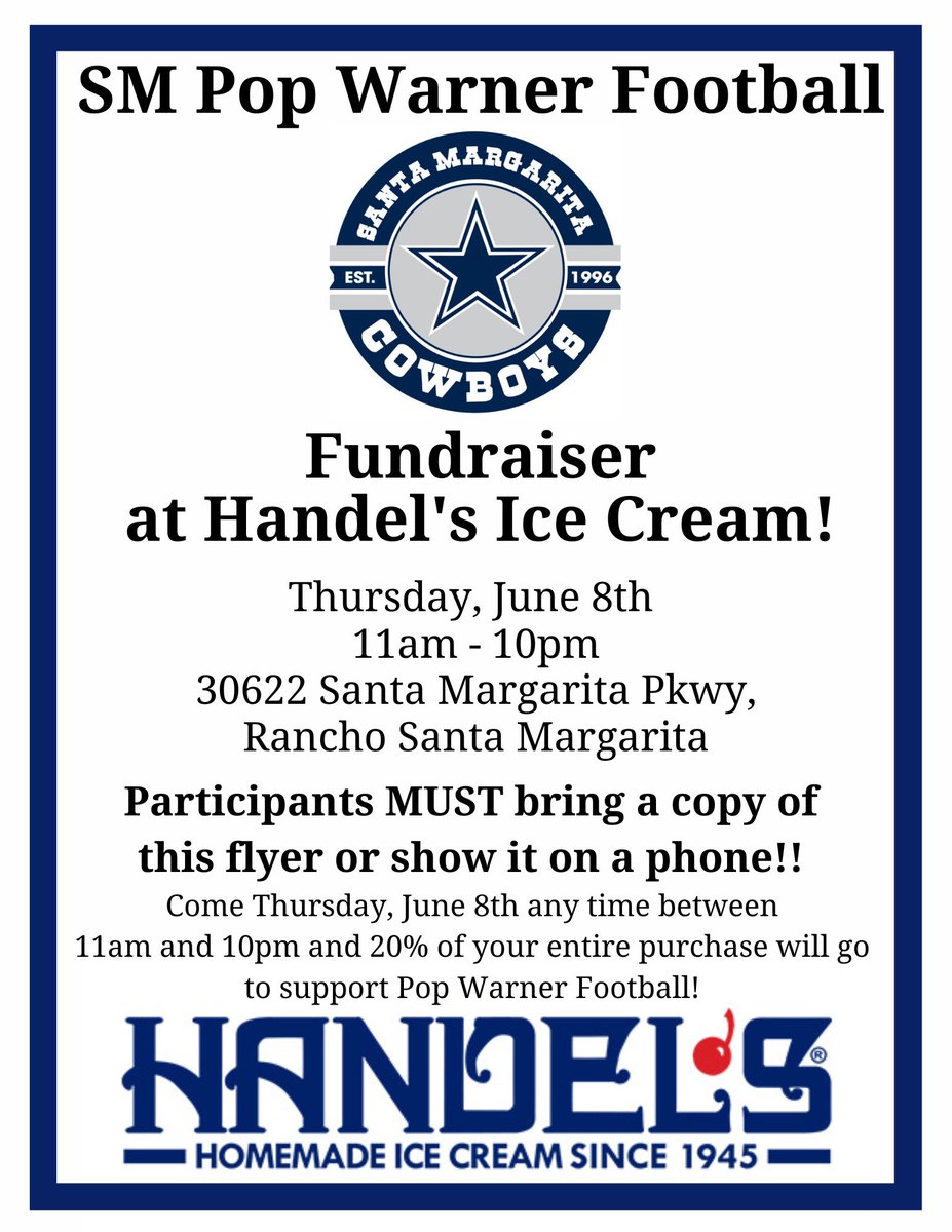 Tomorrow (6/8) @ Handels, join us for the next Dine Our fundraiser to benefit Santa Margarita Pop Warner! 

#icecream #fundraising #footballforall #rsm #oc #smpwcowboys