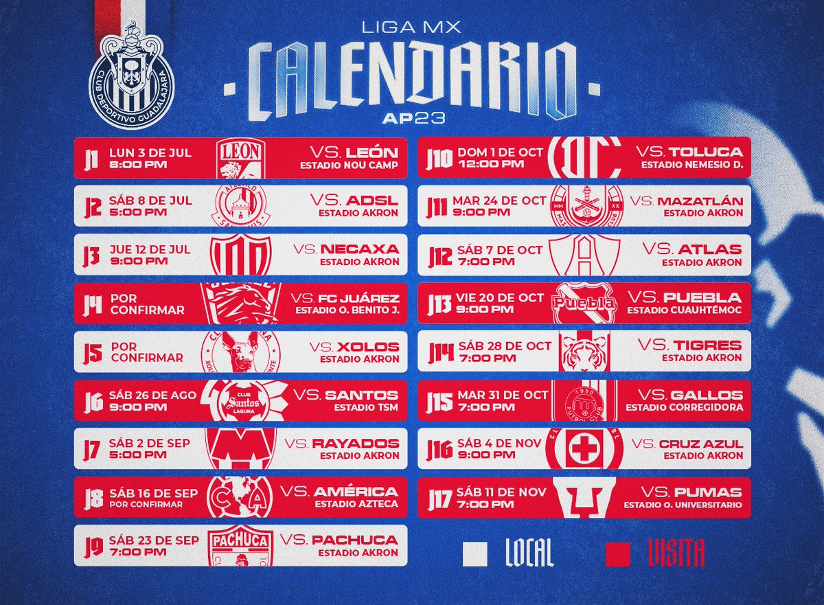 Chivas's tweet photo. ¡Guárdenlas bien y vayan reservando las fechas! ¡Que este torneo también es de UNIÓN! 🤜🤛

Ya sea en Guadalajara, en la #CapitalRojiblanca o en cualquier otra ciudad de 🇲🇽, LUCHAMOS JUNTOS. https://t.co/SJvXVcCwct