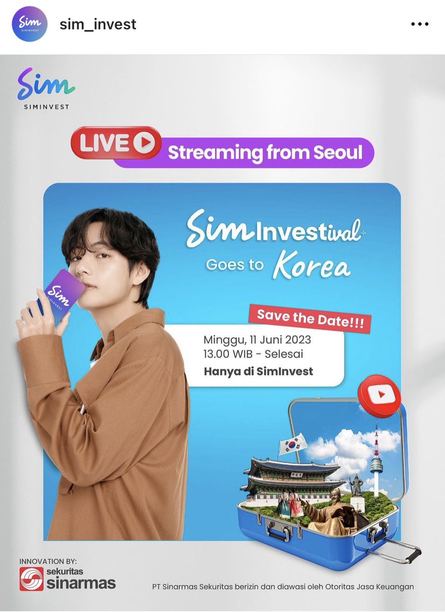 [INFO] Siminvest Instagram Update with #TAEHYUNG LIVE Streaming will be available for the fanmeet! 💜 ⭐️Sunday, 11 June 2023 🕰️3pm KST 📍youtube.com/@siminvest_id #SimInvestivalGoestoKorea #SimInvestxV