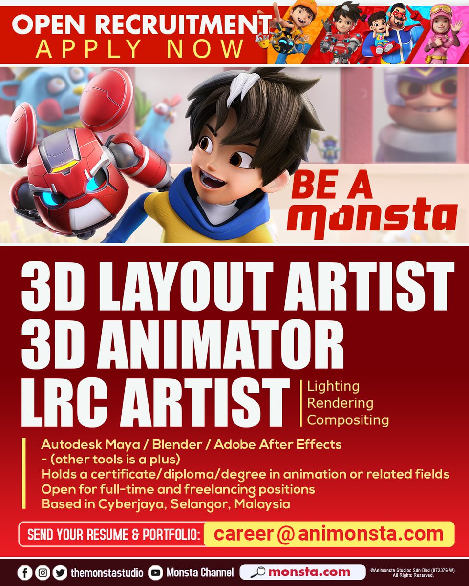 #Monsta is opening their recruitment❗ Join us in an exciting adventure to further boost our local animation to global heights!

📢 Please share to others! 
📧 career@animonsta(dot)com
🇲🇾 For full-timers and freelancers
---
#Mechamato #BoBoiBoy #PapaPipi #FlyWithYaya #AniMY