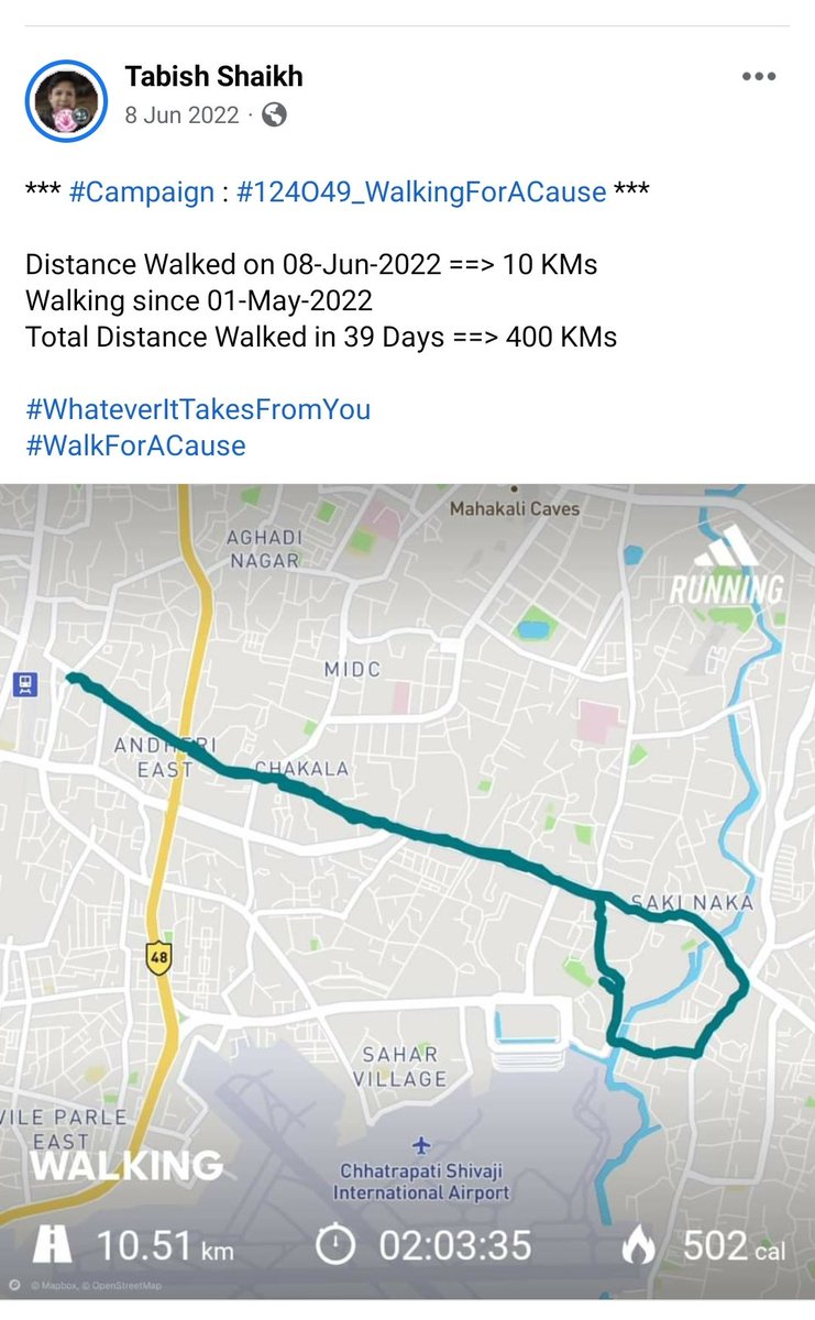 *** #Campaign : #124O49_WalkingForACause ***

Distance Walked on 08-Jun-2022 ==> 10 KMs
Walking since 01-May-2022 
Total Distance Walked in 39 Days ==> 400 KMs

#WhateverItTakesFromYou
#WalkForACause

@TCS