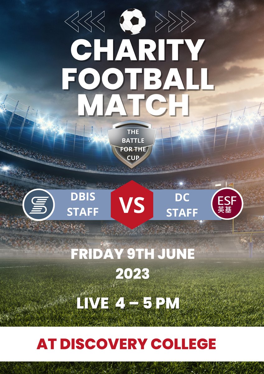 4pm tomorrow at Discovery College: it's the return of the DBIS vs DC charity staff football match! Come along and show your support! #football #charity #dbissport #dbis #dbishk <a href="/DCHKlearning/">Discovery College</a>