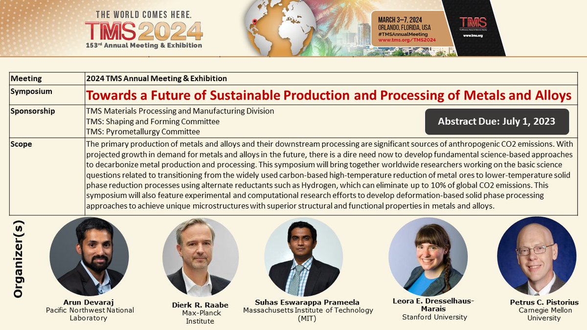 suhas_prameela's tweet photo. Excited to be part of this wonderful team led by @Drarundevaraj for the TMS 2024 symposium "Towards a Future of Sustainable Production and Processing of Metals and Alloys". Please submit your abstracts by July 1, 2023! 

https://t.co/H5uky3cL3W https://t.co/baYXk328YE