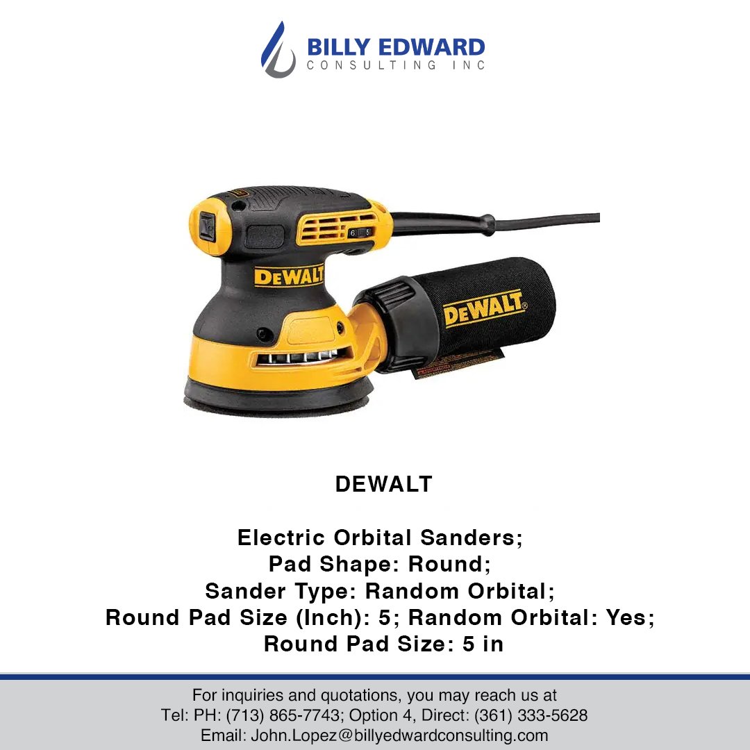 BillyEdwardInc's tweet image. Smooth and effortless sanding made easy with DEWALT&apos;s Electric Orbital Sanders. Get the perfect finish every time with its round pad shape and 5-inch size. Say goodbye to imperfections and hello to flawless surfaces! #DEWALT #SandingSolutions